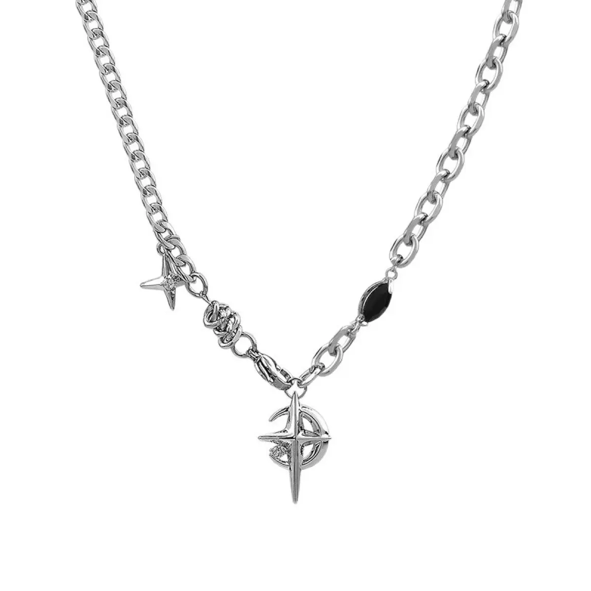 Y2K Star & Moon Pendant Necklace| Stainless Steel Punk Chain| Trendy Silver Choker for Men & Women| Aesthetic Celestial Jewelry Fashion Cool Accessories