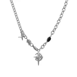 Y2K Star & Moon Pendant Necklace| Stainless Steel Punk Chain| Trendy Silver Choker for Men & Women| Aesthetic Celestial Jewelry