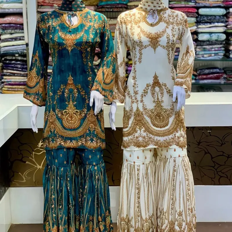 Premium Pure Crepe 3-Piece Sharara Suits, Elegant Ethnic Festive Wear with Rich Intricate Motifs, Flawless Drape for Store Inventory Enhancement