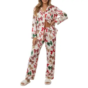 Women Christmas Pajama Set, Bow/Dog/Snowman Print Long Sleeve Shirt with Pants Sleepwear Loungewear