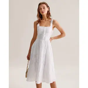 White Jacquard Shirred Slip Midi Dress
