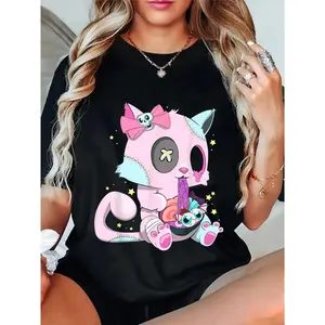 100% Cotton Casual Round Neck Streetwear Top, Kawaii Pastel Goth Witchy Cat Eating Ramen Cute Creepy T-Shirt for Sports & Outdoor Activities