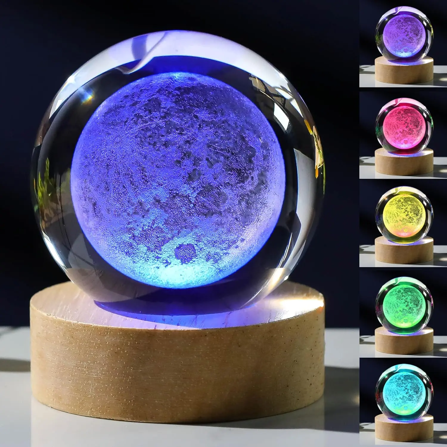 6cm 3D Moon Crystal Ball Night Light with Manual Switch, Wooden Base, Color-Tuned Luminous Crystal-Like Custom-Shaped Dome Mood Lights, Celestial Desktop Ornament, Bedside Lamp Gifts for Kids, Crystal-Like Mood Lights
