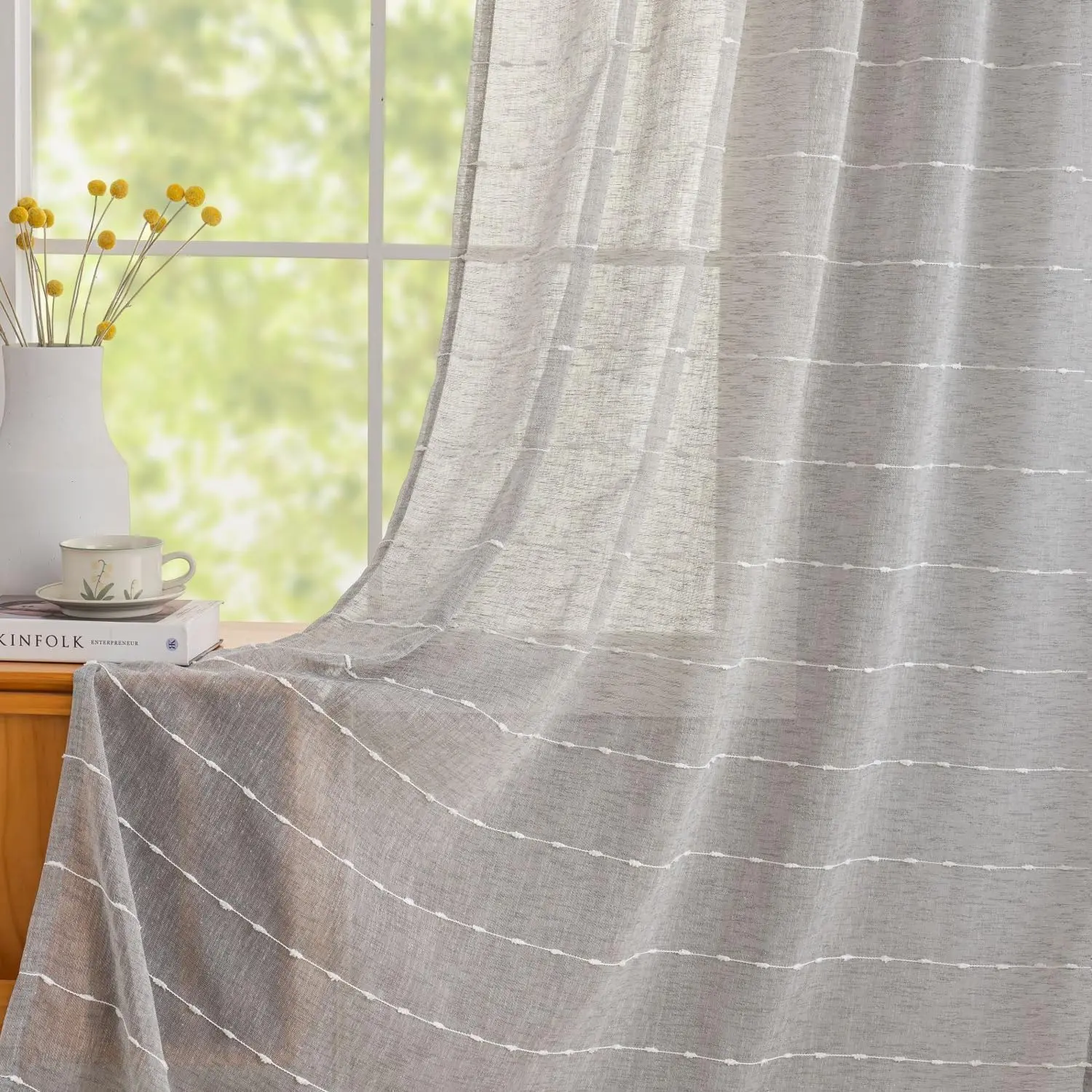Floor to Ceiling Curtains Boho Faux Linen Sheer Curtains 96 inches Long Pom Pom Light Filtering Rod Pocket Semi Sheer Lightweight Curtains for High Ceiling Sliding Patio Door 8FT One Pair 52"W x 96"