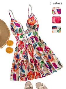 Women's V Neck Adjustable Backless Cutout Dress, Animal & Floral Print Mini Dress, Beach Summer Spring Style, Sleeveless Short Dress