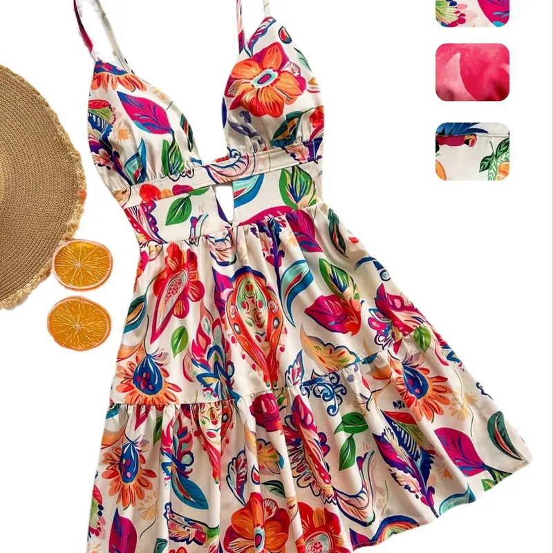 Women's V Neck Adjustable Backless Cutout Dress, Animal & Floral Print Mini Dress, Beach Summer Spring Style, Beachy Style, Sleeveless Short Dress, Casual Wear, Boho, Boho Backless Sundress