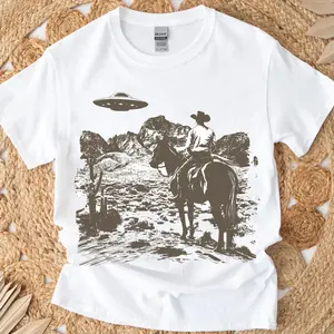Ufo Western Shirt, Retro T-Shirt, Vintage Cowboy TShirt, Rodeo T Shirt, Wild West Shirt, Western Tee, Unisex, Full Sizes, Full Colors, Cotton Round Neck Tee, Unisex T-shirt for Men and Women Menswear Top
