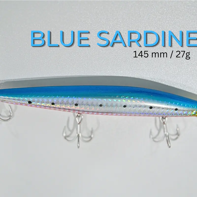Blue Sardine, Ideal Lures for Barracuda and Jack Fishing 145 mm, 27 g sinking model with an internal piston system.