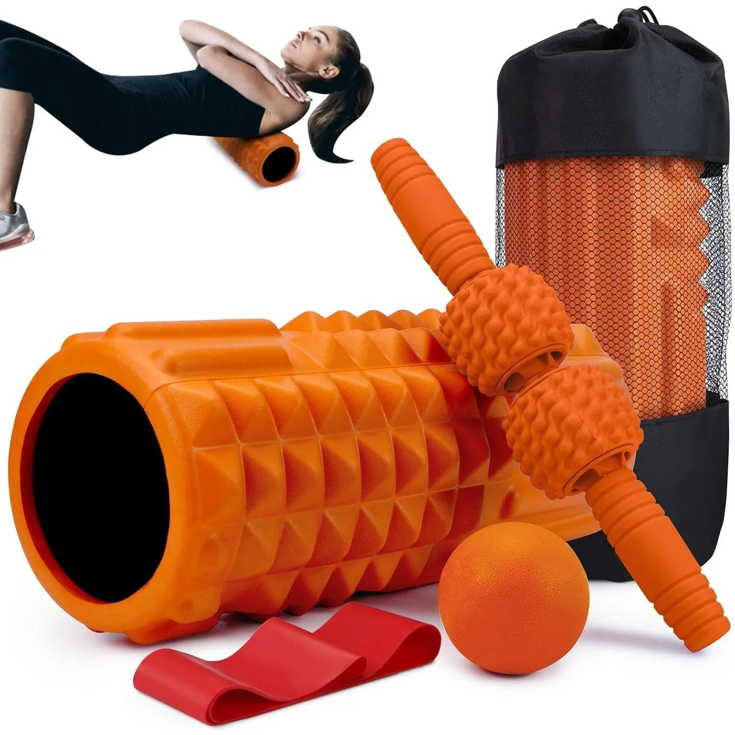 5-in-1 Foam Roller Set, Massage Roller Stick, Massage Ball, Resistance Band for Deep Muscle Massage, Trigger Point Release, Pilates, Yoga (Orange)
