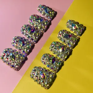 DiDazzle 10 PCS Handmade Duckbill Press - on Nails | HoloGlamRhinestones with Acrylic Iridescent Rhinestones & Crystal Cluster Details