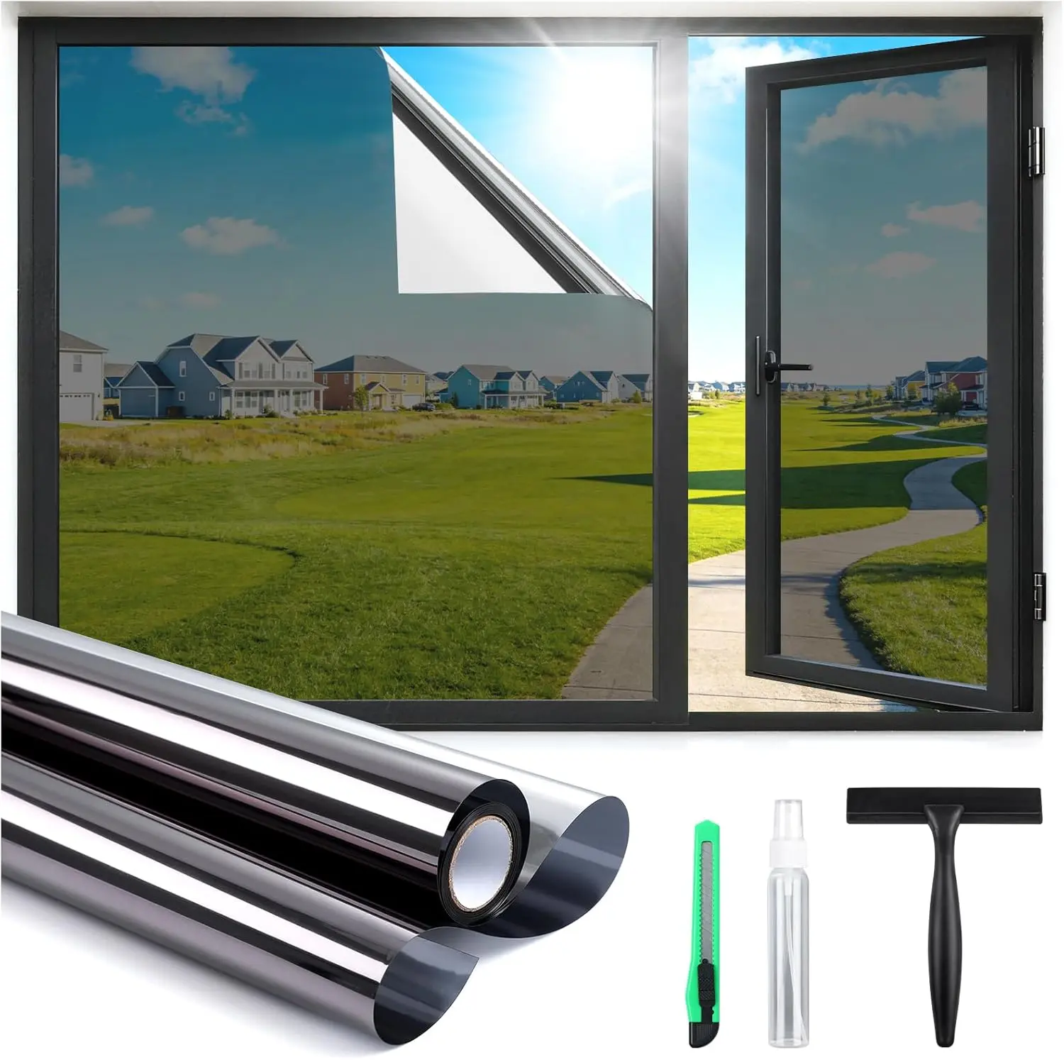 Black-Silver Static Cling 1-Way Window Tint Film with Tools (17.5"x78.7"), Easy Installation, Heat Control, UV Blocking, Reflective Mirror Privacy for Home Office Door, 17.5X78.7"