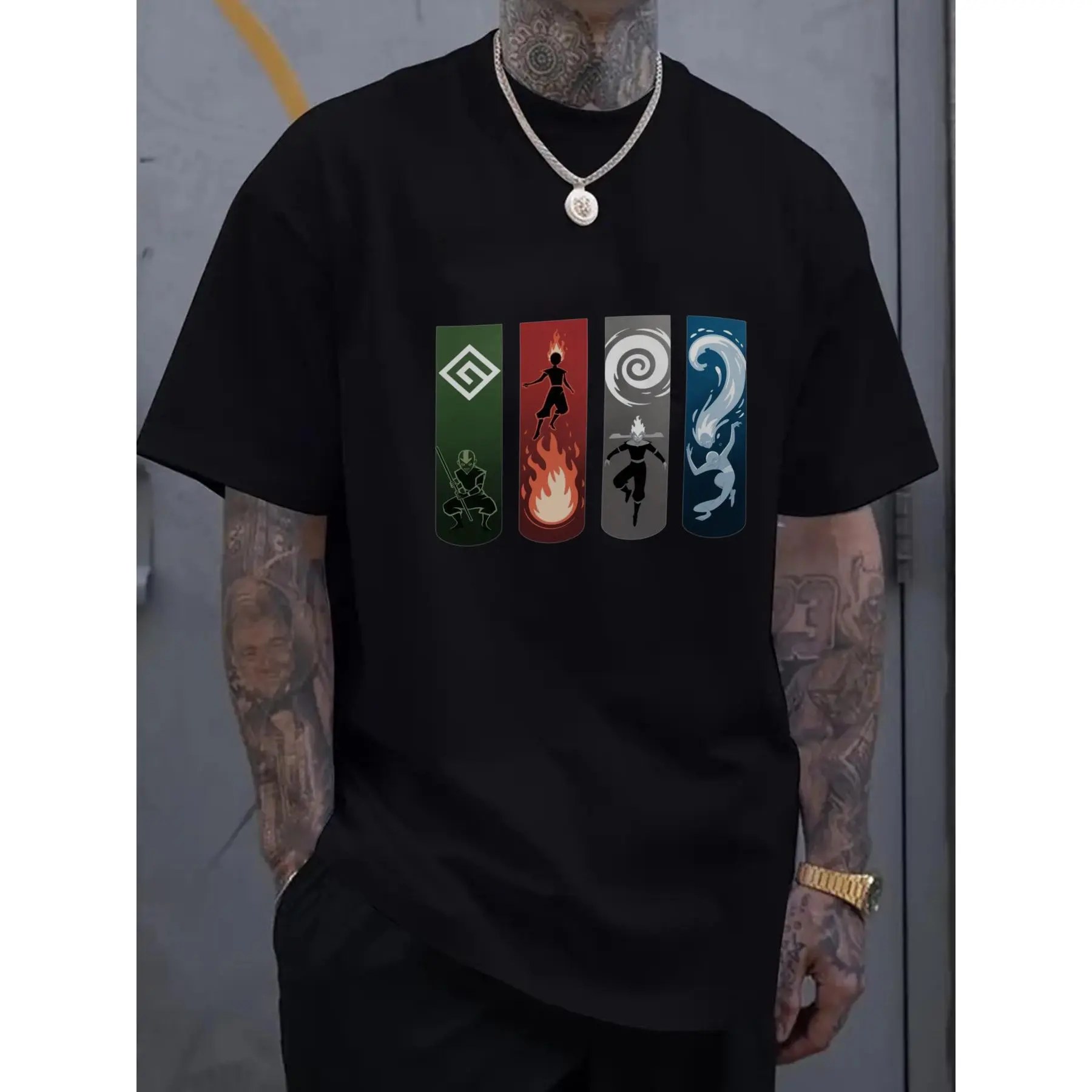 Avatar: The Last Airbender Four Elements Graphic T-Shirt for Men - Fire, Water, Earth, Air Elemental Symbols, Short Sleeve Round Neck Casual Summer Tee, Machine Washable Fan Apparel, Leisure Clothing, Stylish Tee, Breathable Material, Printed Top, Anime F
