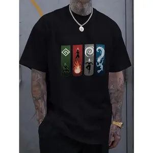 Avatar: The Last Airbender Four Elements Graphic T-Shirt for Men - Fire, Water, Earth, Air Elemental Symbols, Short Sleeve Round Neck Casual Summer Tee, Machine Washable Fan Apparel, Leisure Clothing, Stylish Tee, Breathable Material, Printed Top, Anime F