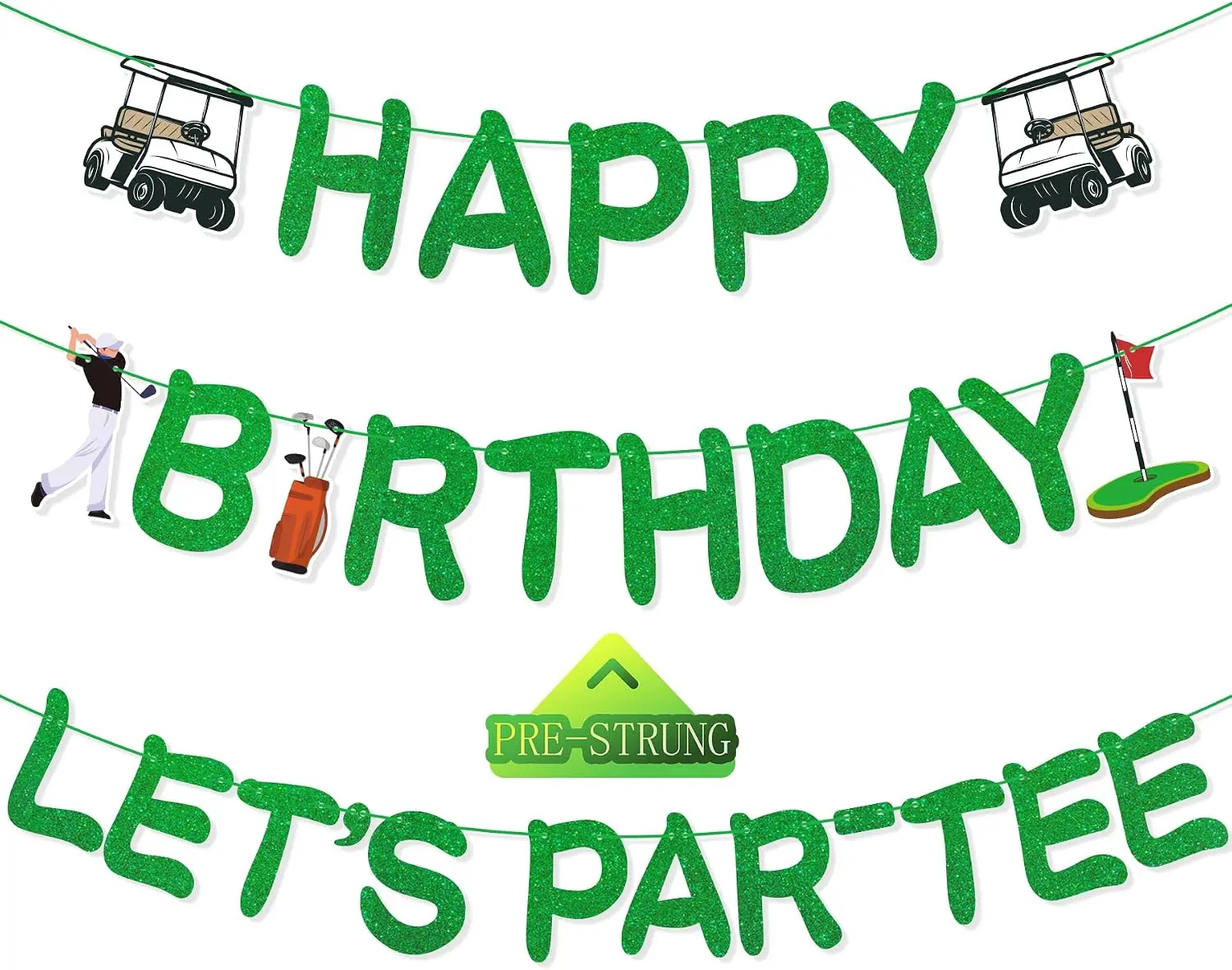 Uflashmi Golf Birthday Banner, Happy Birthday Decorations for Men | Pre-strung glitter cardstock banner with Happy Birthday and Let's Par-Tee lettering for golf-themed men's birthday parties