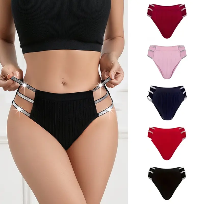 Payina 5-Pack Women's Y2K Glitter Sparkly Rhinestone Sequins Panties - Soft Ribbed Strappy Cheeky Underwear for Everyday, Halloween Wear