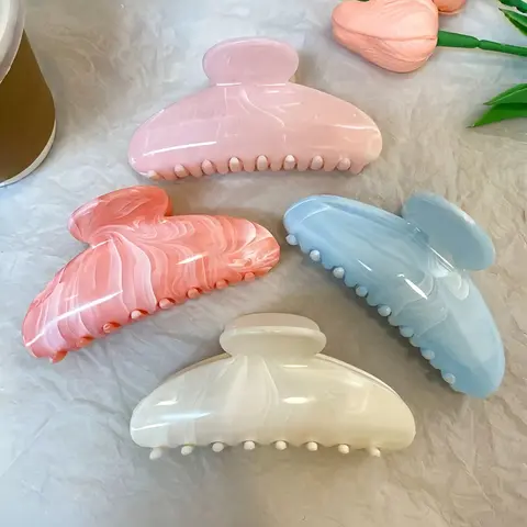 4pcs Marble Texture Half-Up Claw Clip, High-End for Women, Large Shark Clip for Thick Hair, Clawclips