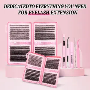 4 in 1 Eyelash Extensions Kit with Bond Seal Tweezers Brush for DIY Asian Doll Lash Clusters Professional Eye Makeup Tools for Women Girls Set Flawless Cosmetic Set