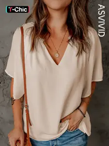 Women's Casual Loose Solid Color V-Neck Pleated Blouse, Short Sleeve Shirt, Perfect for Daily Wear
