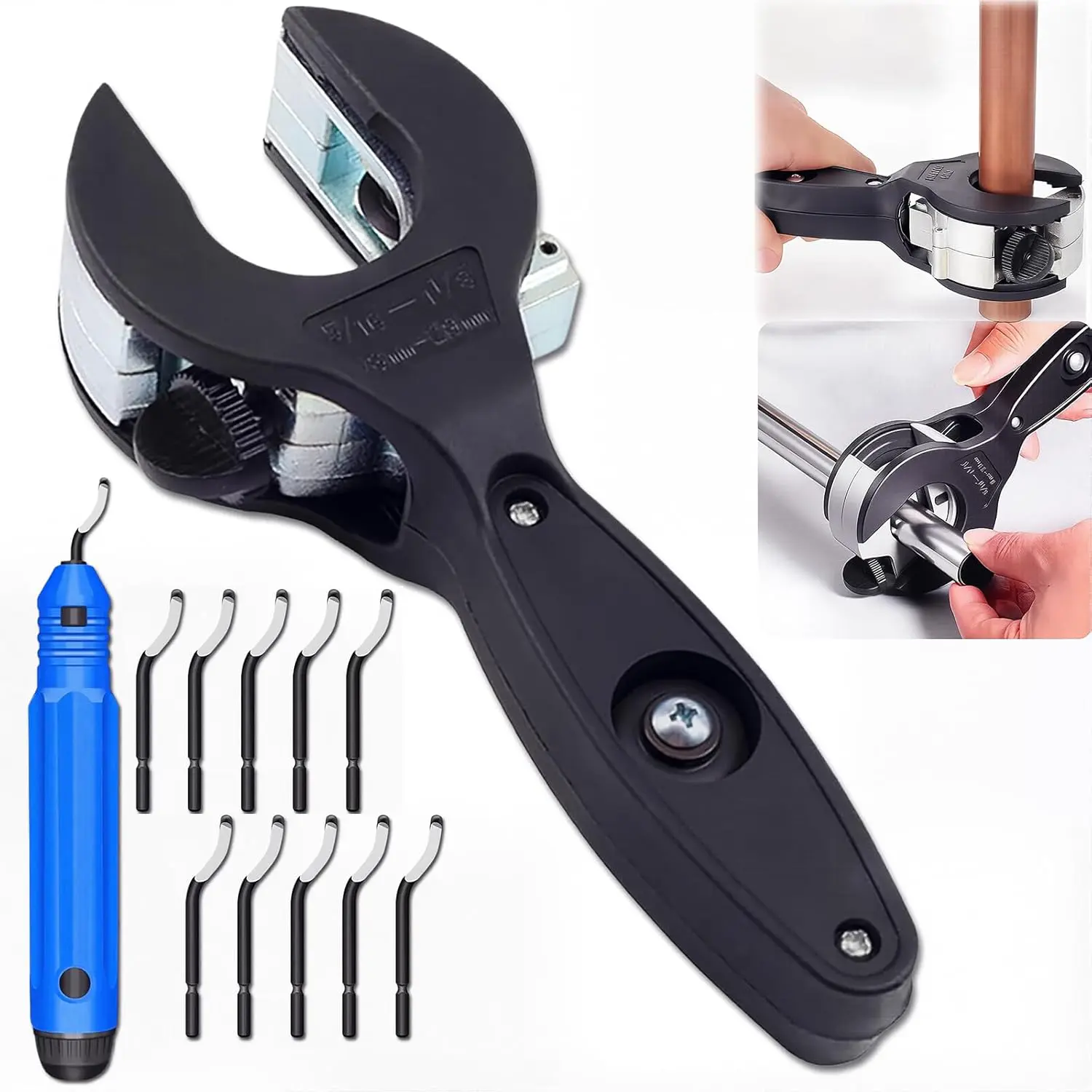 Ratcheting Tubing Cutter and Deburring Tool Set for 5/16-1 1/8 Inch Copper, PVC, Metal Pipe with 360° Rotary Cutting & 5 High Speed Steel Blades, Adjustable Cutting Pressure, Cutting Copper Pipes, Pipe Cutter Tool