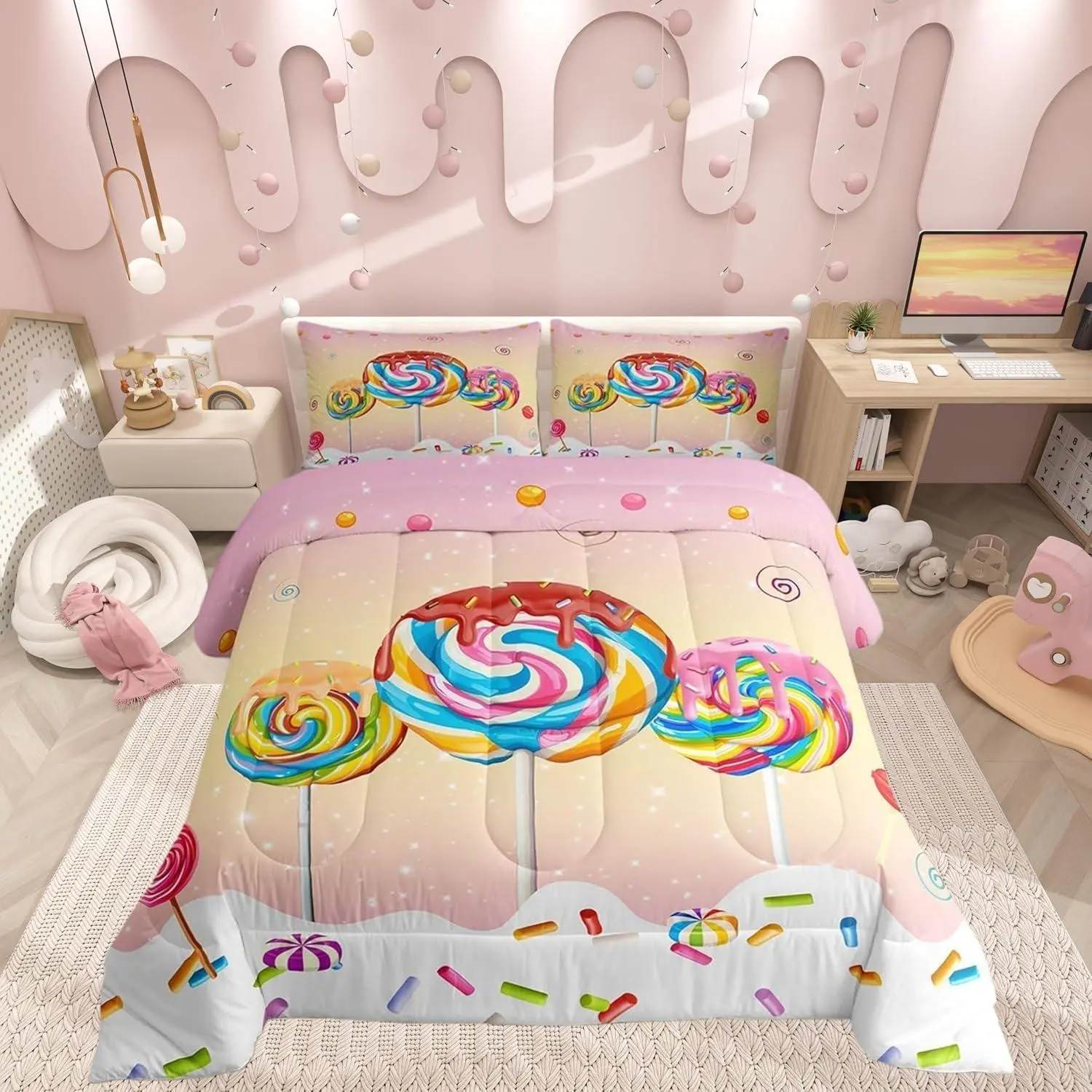 Colorful Lollipop Comforter Set,Candy Ice Cream Bedding Set for Girls Women Adult Bedroom Decoration,Kids Rainbow Bed Duvet Insert,Sweet Theme Comforter