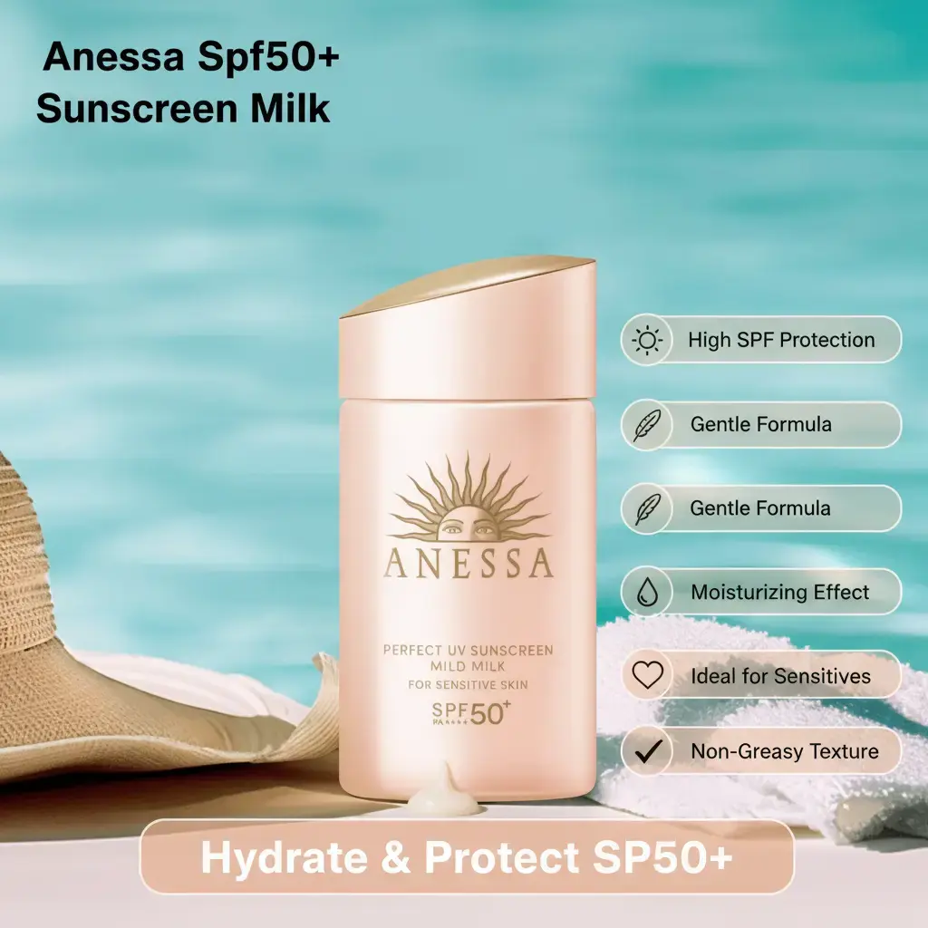 Shiseido Anessa Perfect UV Mild Milk Sunscreen, Gentle and Hydrating Daily UV Defense for Sensitive Skin, Fragrance-Free, Water-Resistant, SPF50+ PA++++, 2.03 fl oz