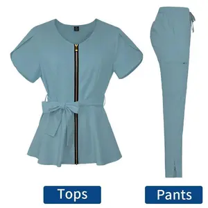 Nurses Uniform Workwear Scrubs Tops+pants Suit Solid Color Nurse Uniform Short Sleeved Pocket Blouse Pharmacy Dentistry Workwear Womenswear Clothes Comfort 42038-Light Blue Gamis Vneck