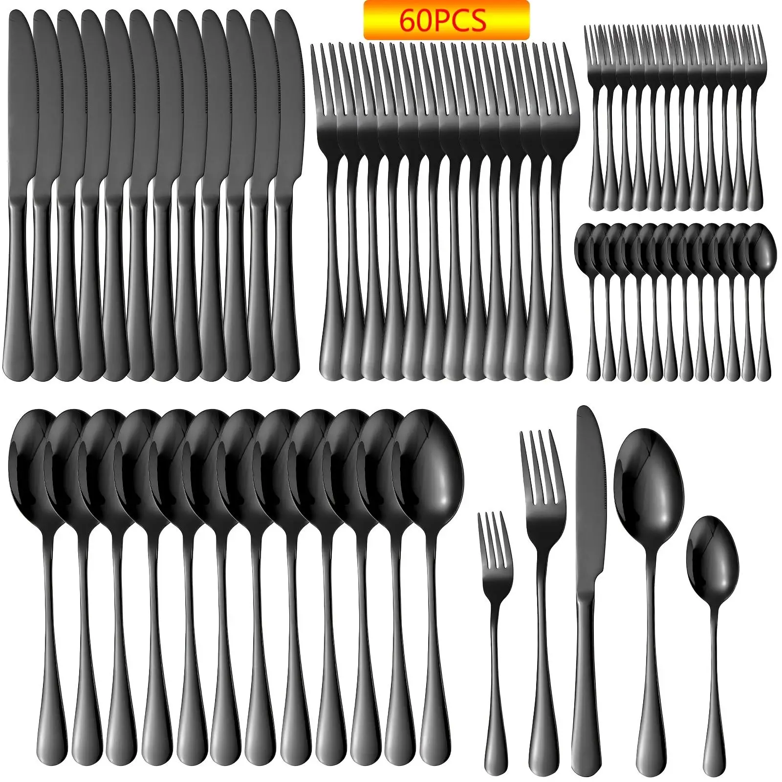 Stainless Steel Cutlery Set, 60pcs/set Including Fork & Knife & Spoon Set, Durable Tableware Set for Home Kitchen Dining Room