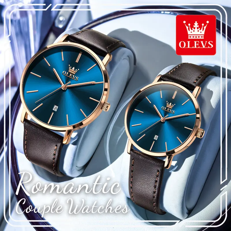 OLEVS Couple's Watch Set, Ultra-Thin Rose Gold Wristwatches with Sunburst Blue Dials and PU Leather Straps, 30m Water Resistant, Birthday Gift, Watches For Women, Round