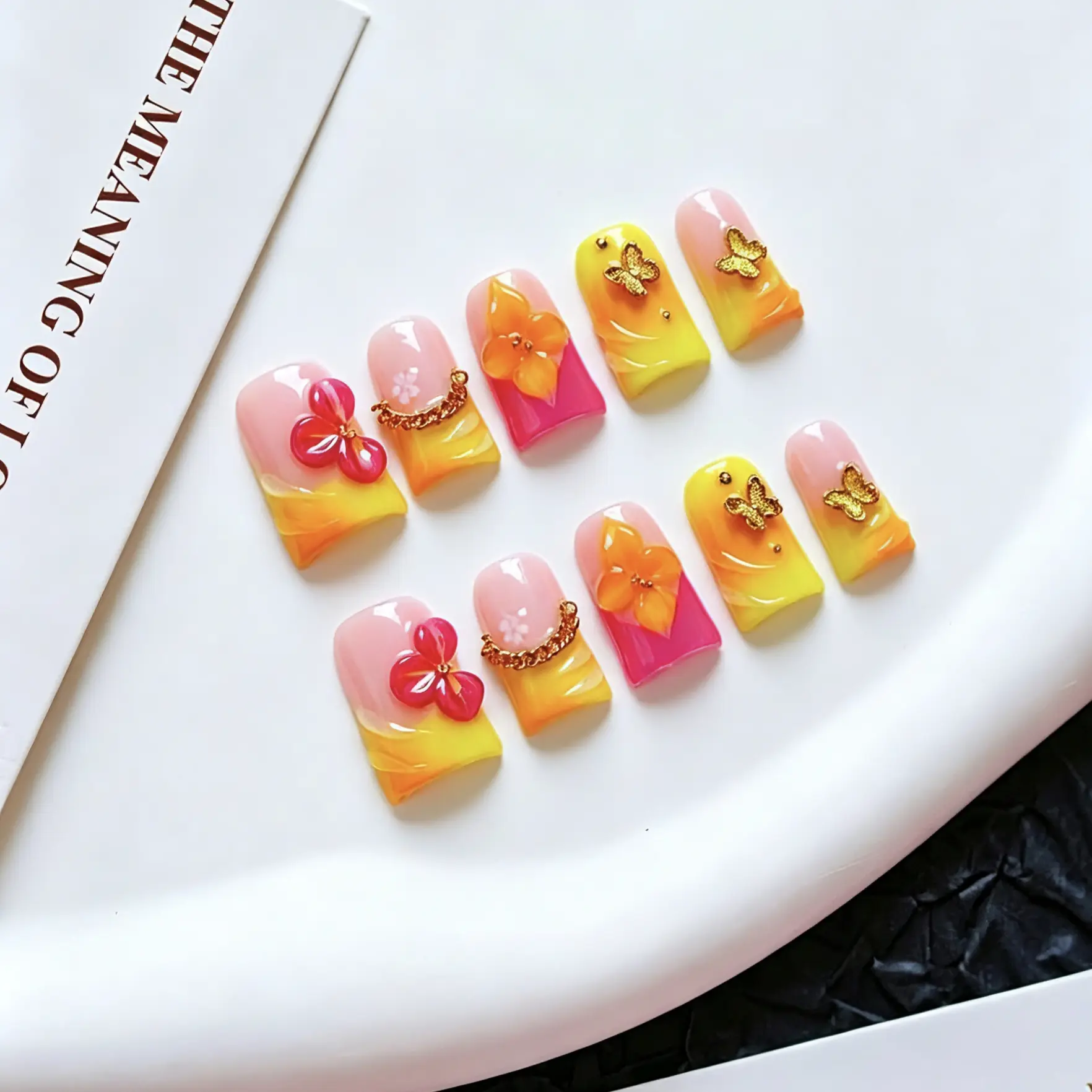 Vosplends bright Multicolor 3D Flower Gold Butterfly Duck Bill Acrylic Nails,  Handmade Y2K Press-On Nails 10pcs  DuckBillNails  FakeNails  GlueOnNails  NailArt  SummerNails  AestheticNails  GiftForHerpress on. nail