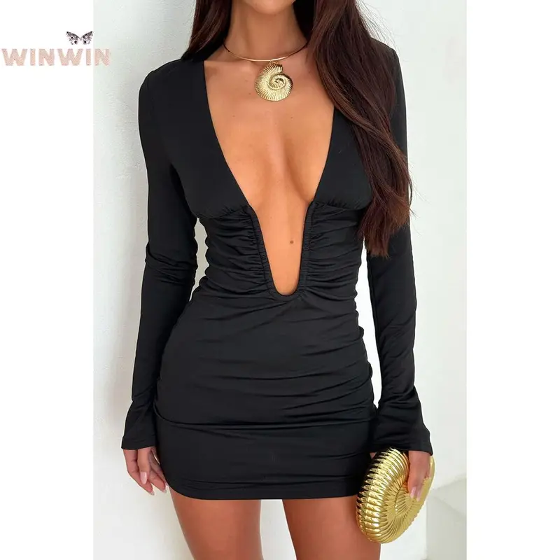 Women Fall Deep V Neck Mini Dress Y2K Long Sleeve Ruched Bodycon - TikTok Shop Women Fall Deep V Neck Mini Dress Y2K Long Sleeve Ruched Bodycon - TikTok Shop