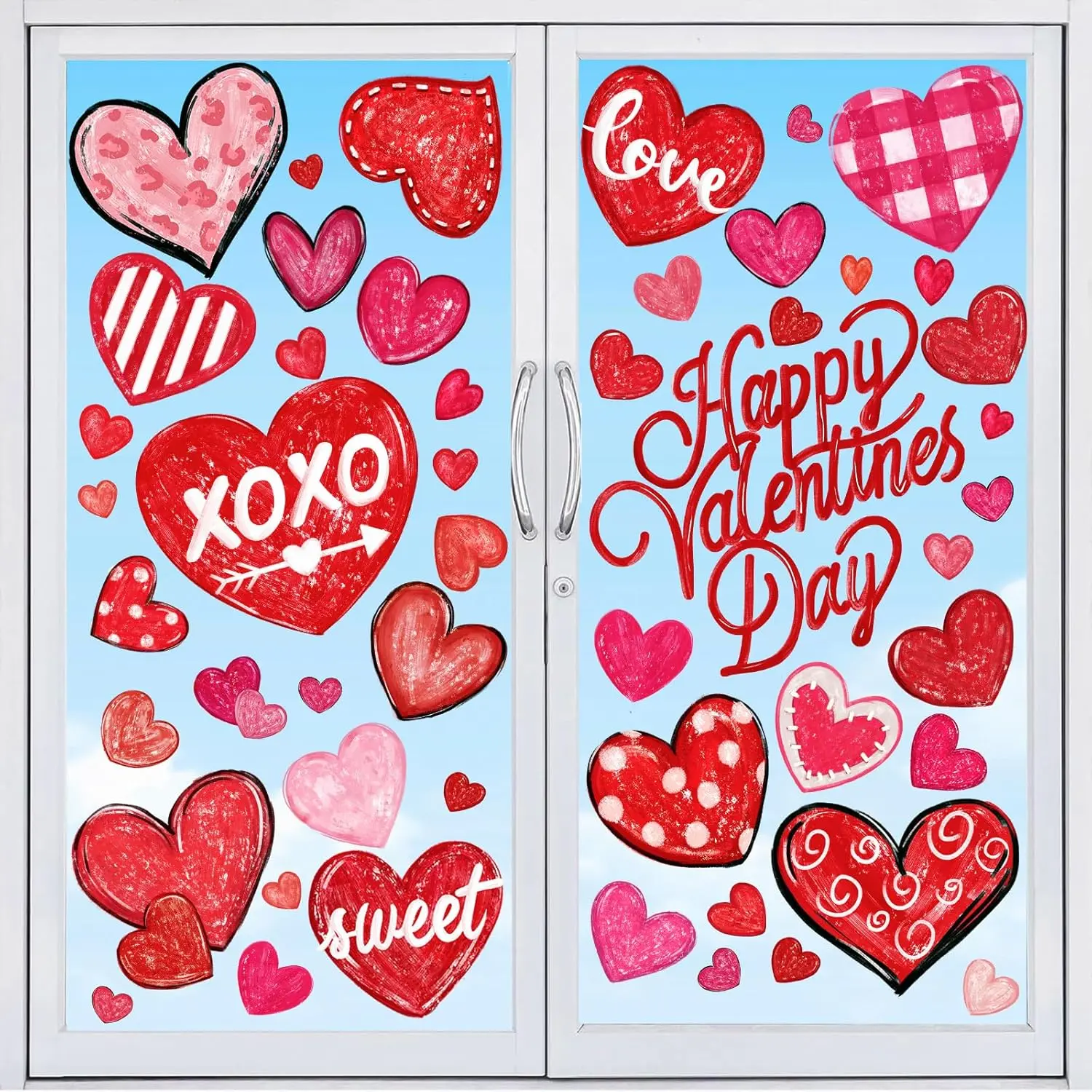 New Deal - 6 Sheets Valentines Window Cling Double-Sided Pink Red Love Heart Window Stickers Happy Valentines Window Decals for Home Wedding Anniversary Party Store Glass Holiday Decoration