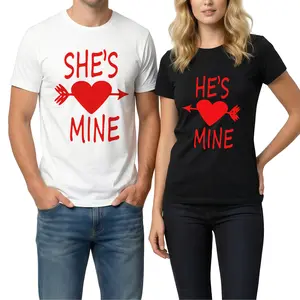Matching couple's short-sleeved T-shirts, printed with "She is mine" and "He is mine."Soft and comfortable crew neck casual T-shirts, perfect for spring and summer.| Fashionable casual style| Smooth fabric, couple's T-shirts, Valentine's Day gift