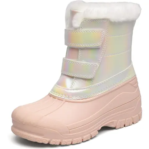 Kids' Synthetic Iridescent Waterproof Side-Zipper Boots - Square Toe, Faux Fur Lining, Pink Sole, Versatile Use, Outdoor Winter Footwear, White/Black