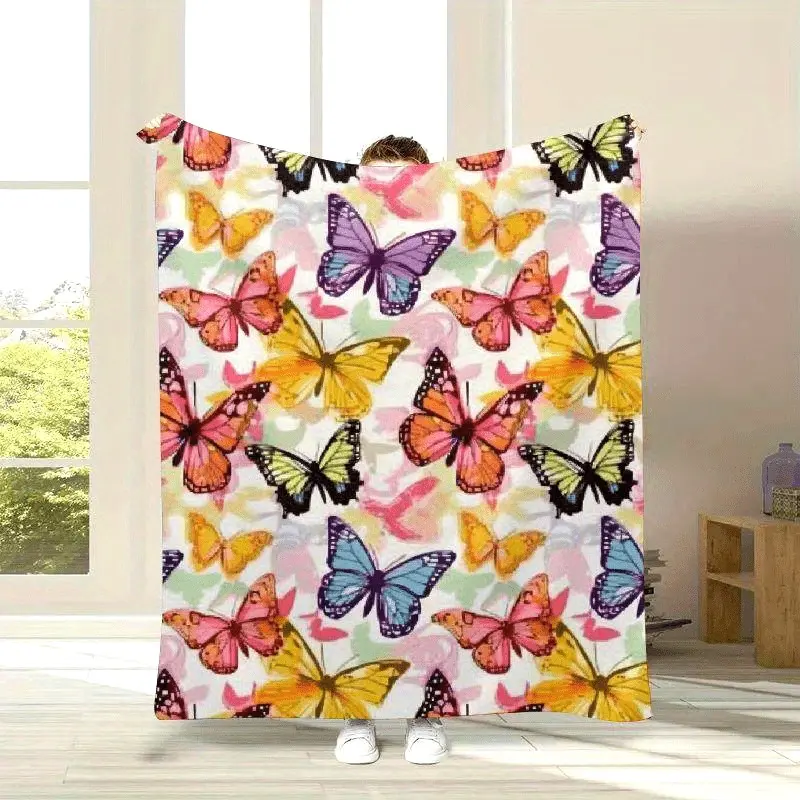 Colorful Watercolor Butterfly Flannel Blanket - Soft Cozy Warm Fuzzy Plush Throw, Ideal Birthday Gift for Butterfly Lovers, Nature Aesthetic Home Decor for Bedroom Sofa
