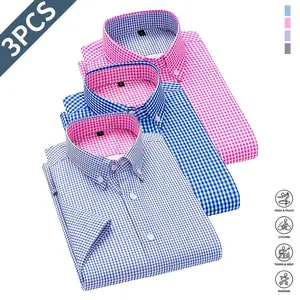 3-Pack Men's Classic Plaid 4-Way Stretch Oversized Straight Retro Short-Sleeve Dress Shirts, Buttoned Turn-Down Collar, Warm Yellow, Comfortable Breathable, Suitable for Summer Outdoor Commuting & Business Formal, Buttons