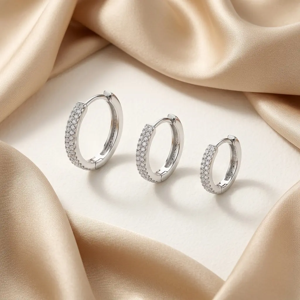 Trendy Pave Silver Hoop Earrings, 3-Piece Gradient Size Set (8/10/12mm) for Women's Fashion Costume Jewelry