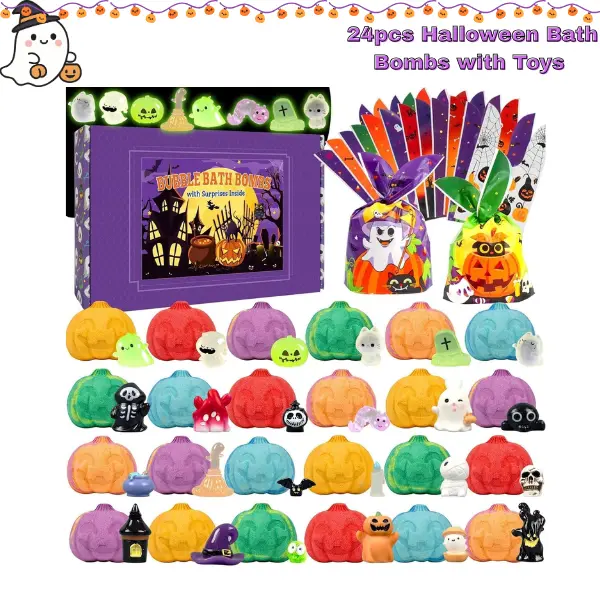 24PCS Halloween Bath Bombs with Toys Inside for Kids | Pumpkin Bath Bomb Gift Set, Halloween Party Favors, Trick or Treat Gifts, Bubble Bath Bombs, Goodie Bags