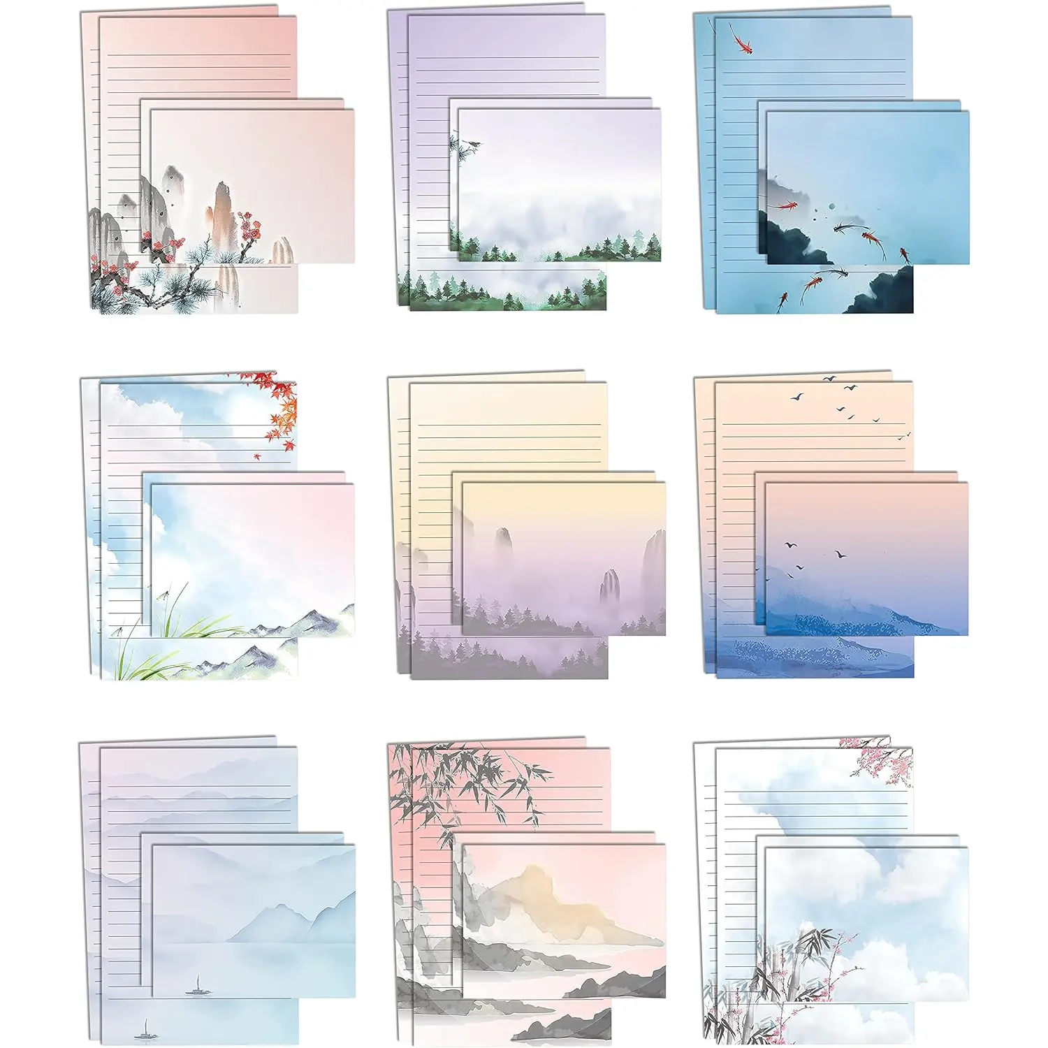 Mini Stationery Set of 100, Japanese Stationery Paper (50 Lined Sheets + 50 Matching Envelopes), 5.5 x 8.25 inch, 9 Designs