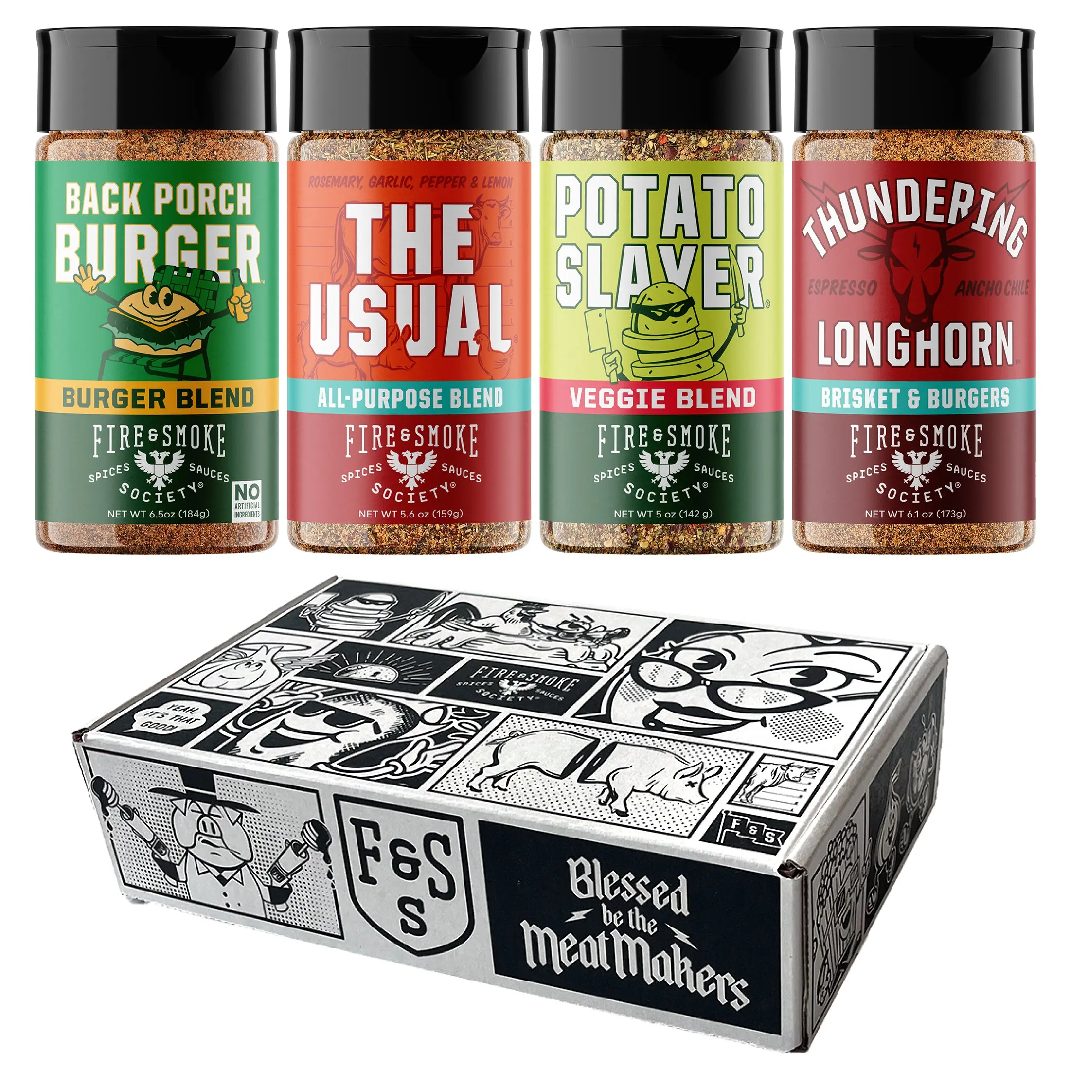 Fire & Smoke Society Burger & Fries Seasoning Bundle | 6 oz Bottles, 4 Pack of Dry Rubs | Back Porch Burger, The Usual, Potato Slayer, & Thundering Longhorn