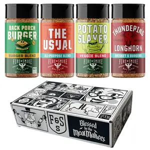 Fire & Smoke Society Burger & Fries Seasoning Bundle | 6 oz Bottles, 4 Pack of Dry Rubs | Back Porch Burger, The Usual, Potato Slayer, & Thundering Longhorn
