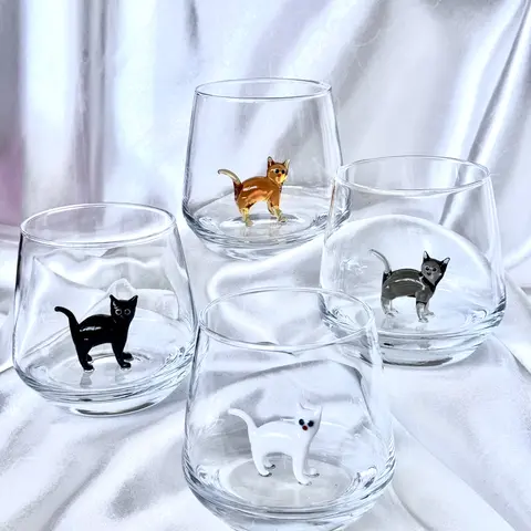 Murano Cat Wine Glass Handmade Cat Figurine Stemless Glass Gift for Cat Lovers Cat Mom Halloween Cat Spooky Cat Handmade Glass Figures Cats