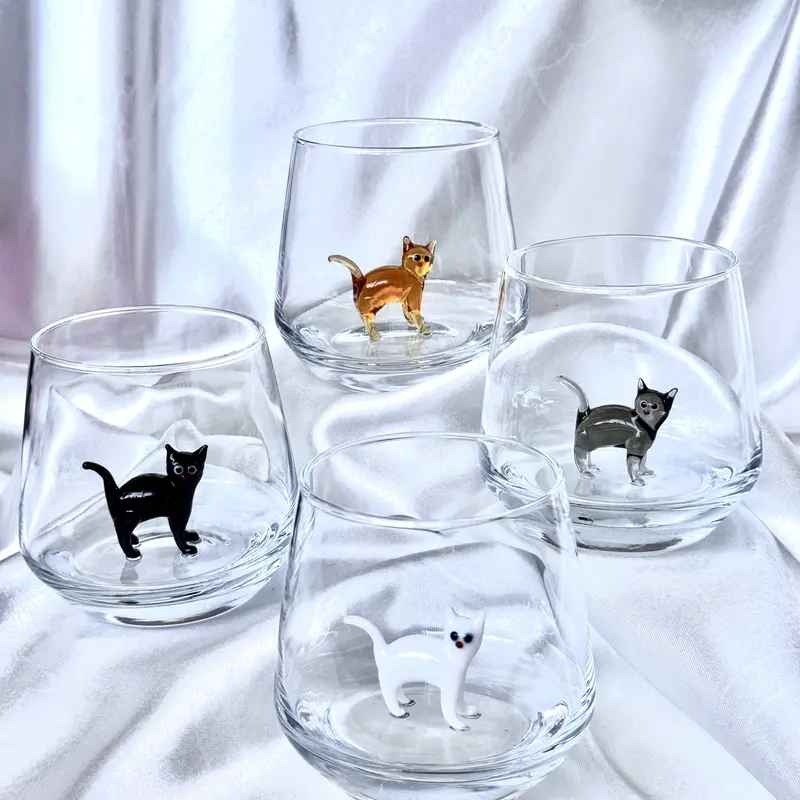 Murano Cat Wine Glass Handmade Cat Figurine Stemless Glass Gift for Cat Lovers Cat Mom Halloween Cat Spooky Cat Handmade Glass Figures Cats