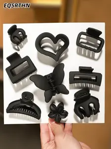 Black multi-shape grip 9-piece set, including love, butterflies and other creative shapes of grip, the whole is pure black, flexible material and strong grip, suitable for commuting, daily hair, Hair Clips, Hair Claws Set
