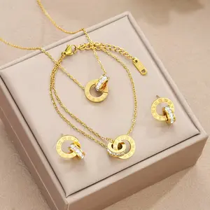 4-Piece Gold Stainless Steel Jewelry Set – Interlocking Circles & Roman Numerals.