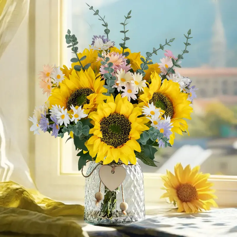 Realistic Faux Silk Sunflower Bouquet with Vase - 3D Bouquet Artificial Flowers, Fake Silk Plants, Sun Motif Artificial Flowers, Floral Decor for Table Centerpieces (Casual, Long-Lasting Home Accent)