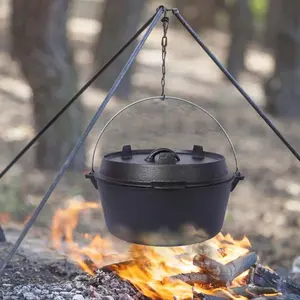 12 Quart Pre-Seasoned Cast Iron Dutch Oven with Skillet Lid, Pot Rack & Heat-Resistant Lid Lifter – Heavy-Duty Outdoor Camping Pot for Campfire Cooking, BBQ, Baking, and Fireplace Meals