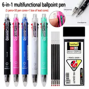 Creative Multifunctional Six In One Ballpoint Pen, Equipped with Automatic Pencil Multi-color Refills and Erasers, Perfect for Teacher Gifts, Back To School Office Stationery Supplies (5 Pens+50 Refills+1 Box of Lead Refills)