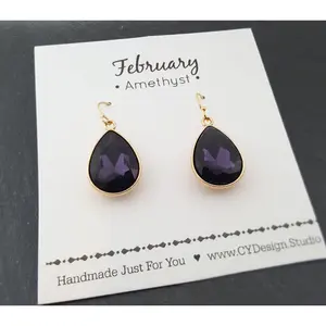 February Birthstone Amethyst Crystal Gold Earrings