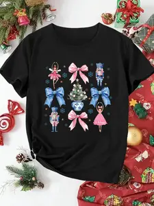 100% Cotton Women T-shirt Women Christmas T-shirt Coquette Bow Christmas Nutcracker Ballet Festive Women Girls T-Shirt Print Round Neck Short Sleeve T-Shirt For Women Casual, Summer, Women Top