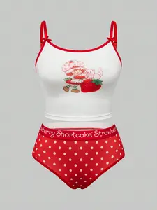 ROMWE Plus Size Strawberry Print Wireless Lingerie Set – Cute Strawberry Bra & Panty, Soft & Comfortable